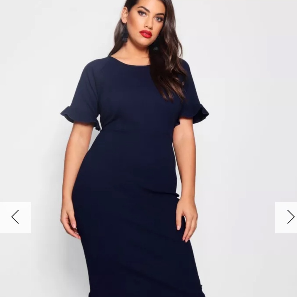 Navy Blue PLUS CREPE RUFFLE TAILORED MIDI DRESS